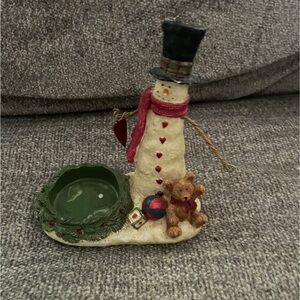 Yankee Candle Snowman Holder with Teddy Bear - Cream and Green